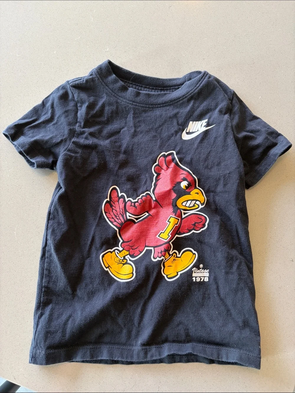 Nike Black Kids Tee with Red vintage Iowa state Graphic and Yellow Accents